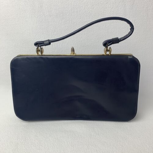Vintage 1960s Leather Navy Blue Structured Handbag Short Handle Gold Rectangle - Picture 1 of 9