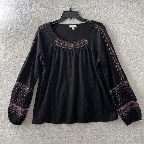 J Jill Womans Blouse Top Black Petites Medium Geometric Round Neck Long Sleeve