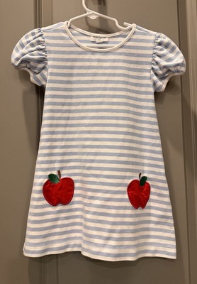 Benoit & Matisse MAE KNIT BLUE STRIPE RED APPLE ACCENT DRESS, 3T 