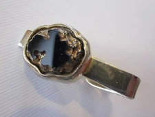 VINTAGE BLACK AND GOLD NUGGET TONE MENS TIE BAR Clip Clasp Metal