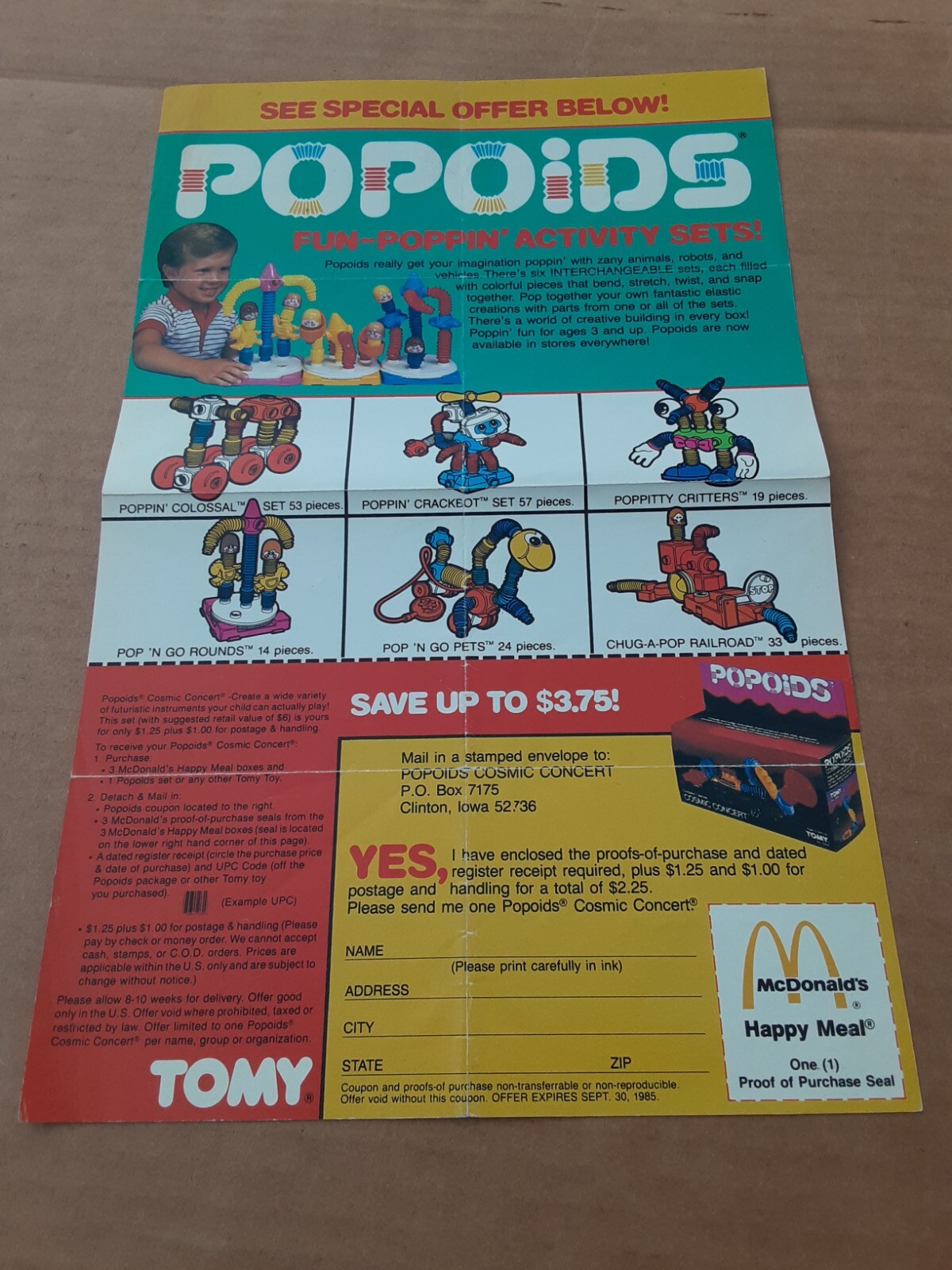 Vintage 1985 TOMY / McDonald's Happy Meal POPOIDS Promo Mail In ...
