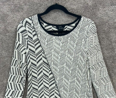 Ali Miles Top Womens Medium Black White Textured Asymmetrical Hem Tunic Blouse