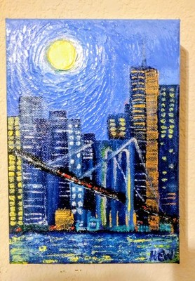 Original Signed Brooklyn Bridge Oil Painting on Canvas by HEW, Unframed