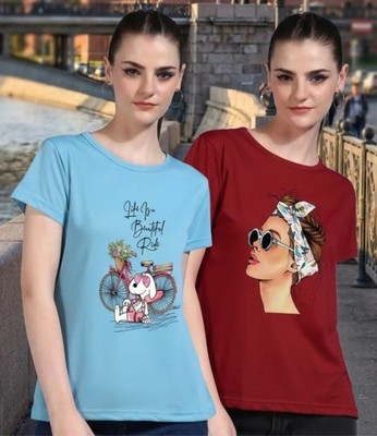 Damen Graphic Print T-Shirt 2er Pack Rundhals Kurzarm Basic