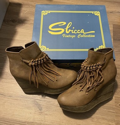 Sbicca Vintage Collection ZEPP Vegan Leather Wedge Fringe Ankle Booties Size 10 