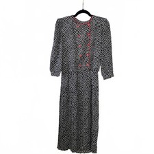 Vintage Black and White Polka Dot Midi Dress with Red Button Detail