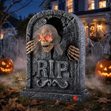 Halloween Animatronics Zombie Tombstone - LED Gravestone Decorations with Ske...