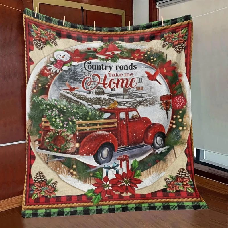 Manta de franela de camión roja de Navidad - "Country Roads Llévame a casa" tiro a cuadros Foto 3 de 4