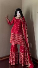 New Launching Faux Gorgette Rani Pink Top Palazzo With Dupatta For Women Girls