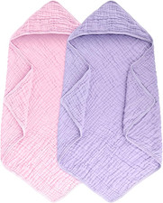 2 Pack Hooded Muslin Cotton Baby Towels, 32X32Inch, Pink  Purple