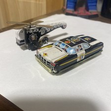 Vintage Japan Tin Litho Toy Police Car And Helicopter Very Nice Condition 3.5  