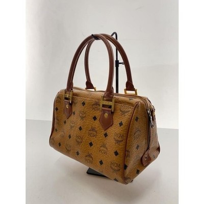 MCM Authentic Visetos Logo Leather Boston Bag Tote Handle Handbag Camel Brown