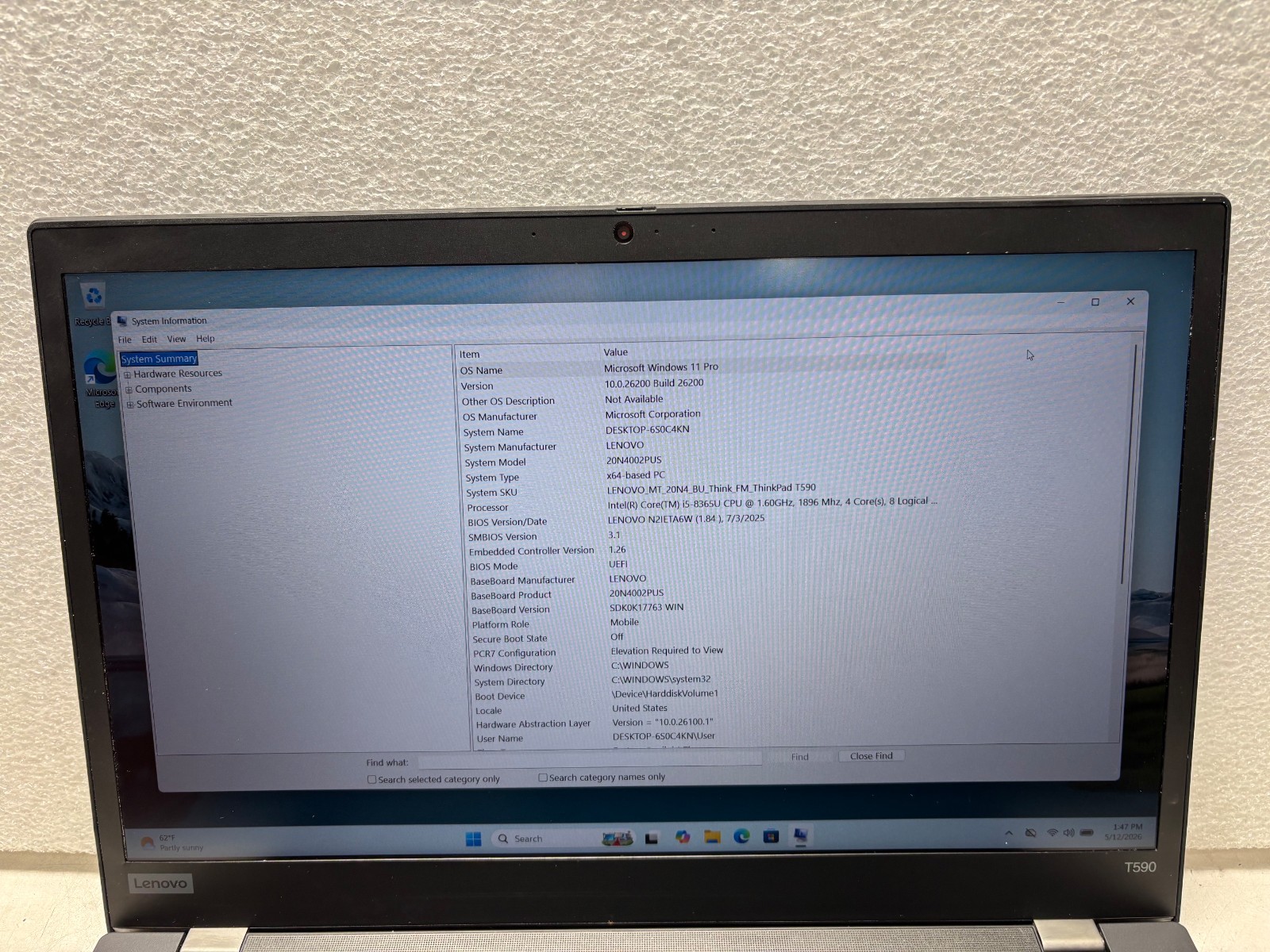 Lenovo ThinkPad T590, 15.6-Inch Laptop, with Intel Core i5-8365U, Windows 11 Pro