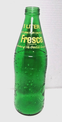 1970s FRESCA 1 Liter Green Glass Bottle Yellow ACL Textured Coca-Cola Co 33.8 oz