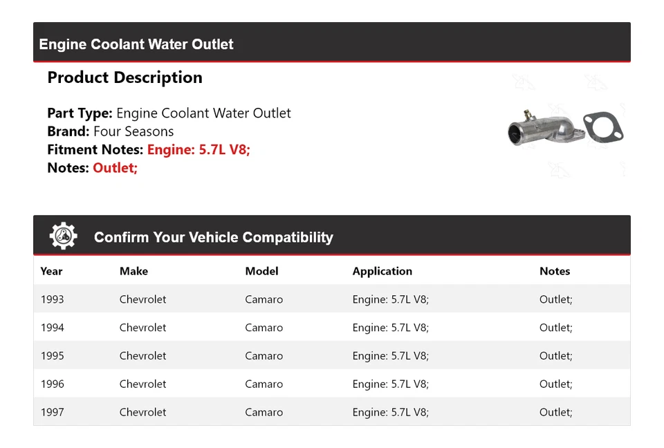 Chevrolet Camaro 1993-1997 motor V8 5,7 L salida de agua refrigerante 4 estaciones Foto 2 de 4