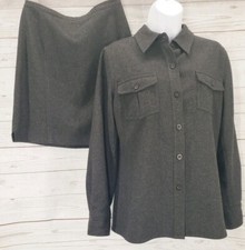 Ann Taylor LOFT 2 2pc Skirt Suit Charcoal Wool Blend Button Down