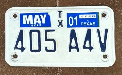 Texas 2001 MOTORCYCLE License Plate # 405 A4V | eBay