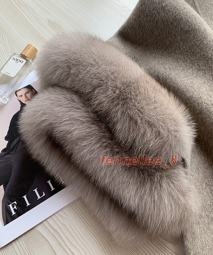 Women Real Fox Fur Collar Cloak Coat Belted Wool Ponchos Jacket Warm Cape Party - Picture 10 of 27