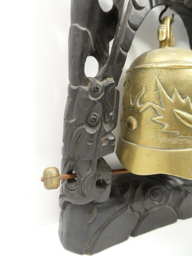 CHINESE TEMPLE CARVED TIMBER DRAGON MOUNTED EMBOSSED CAST BRASS CEREMONIAL BELL - Picture 5 of 21