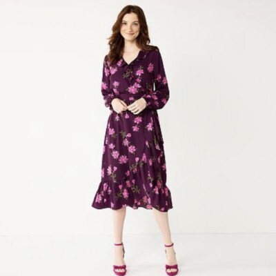 New Draper James RSVP Wrap Dress Large Plum Floral Ruffle Midi Long Sleeve