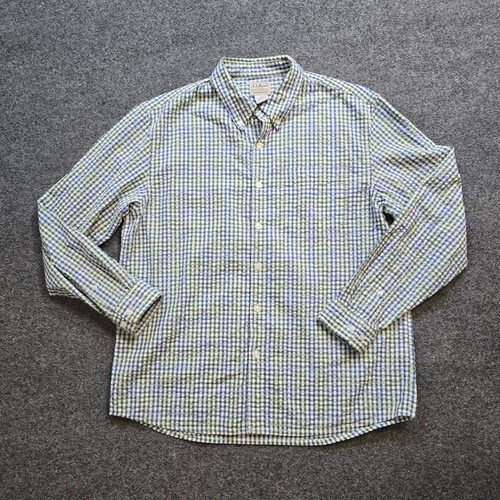 LL Bean Hemd Herren mittelblau kariert Seersucker Langarm Knopf Freizeit Karriere