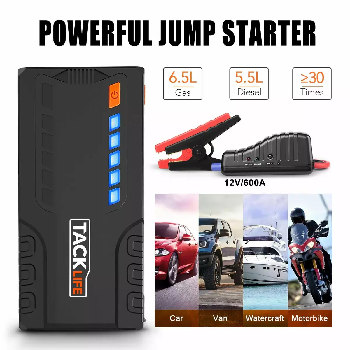 TACKLIFE T6 Car Jump Starter - 600A Peak 12V Auto Battery Jumper (up to  6.5L gas