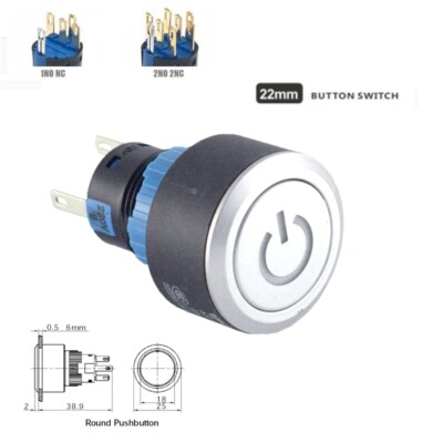 22mm 2NO2NC5A IP40 Round LED illuminated Power symbol Plastic push button switch