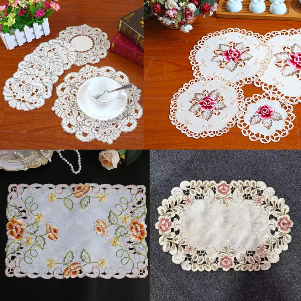 Set of 4 Vintage Embroidered Cutwork Lace Placemats Dining Table Mat Doilies