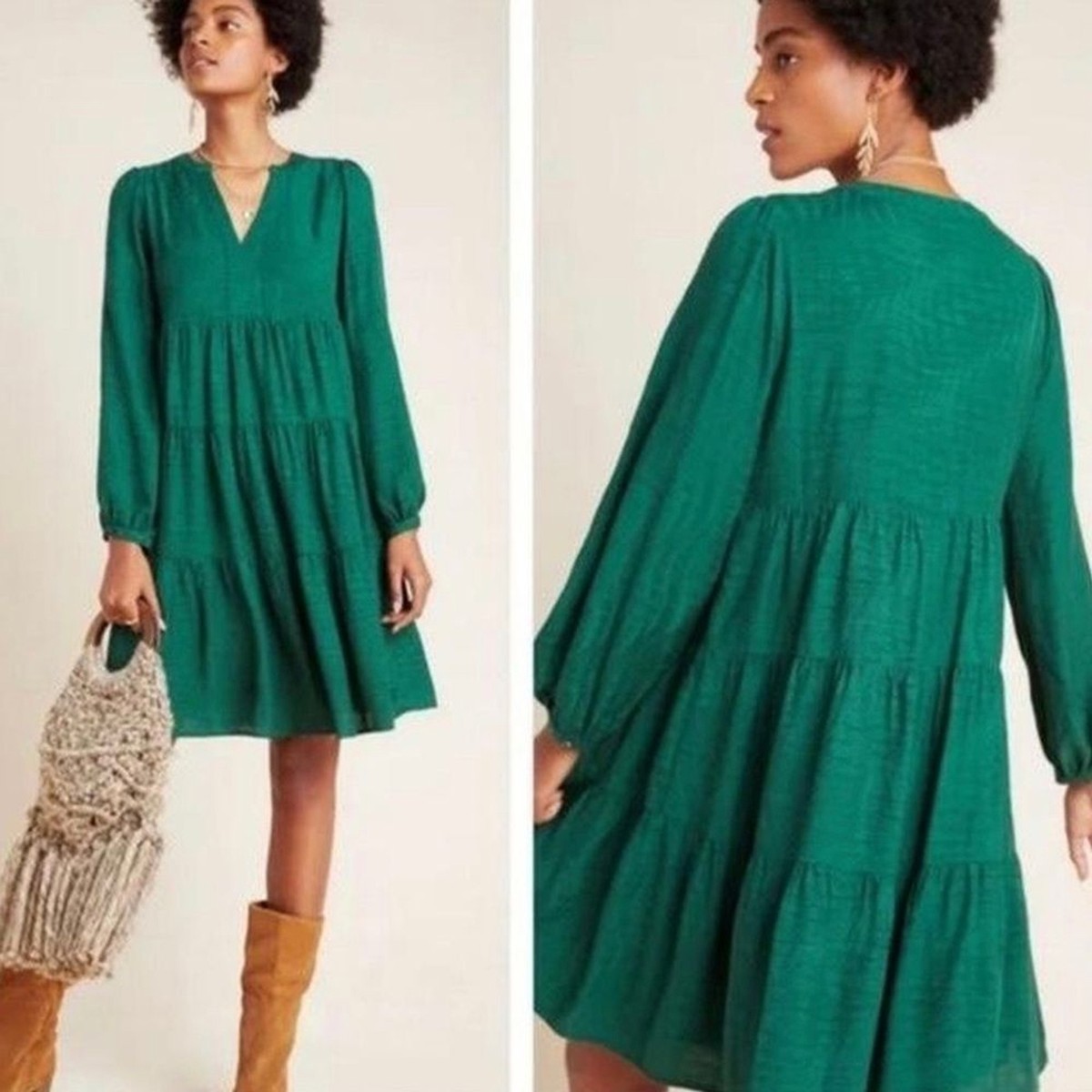 ANTHROPOLOGIE MAEVE Green Long Sleeve Tiered Dress Sz M ANTHROPOLOGIE MAEVE Green Long Sleeve Tiered Dress Sz M