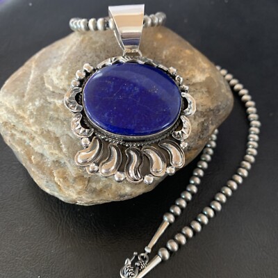 Native American Blue Lapis Necklace Pendant Navajo Sterling Silver 14114