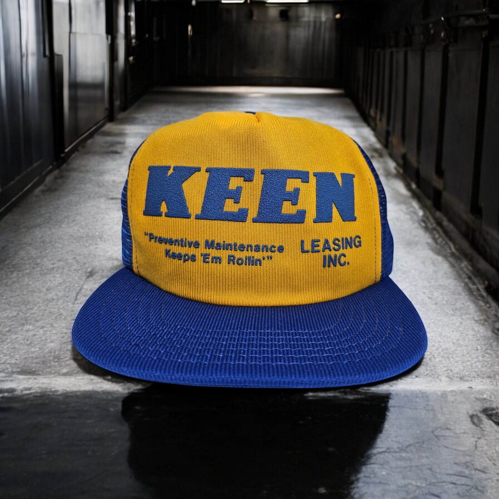 Cappello camionista Keen Leasing Snapback vintage USA maglia pubblicità giallo blu berretto