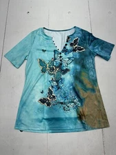 Shein Blue Butterfly Graphic Print V Neck Short Sleeve Shirt Womens Size Small