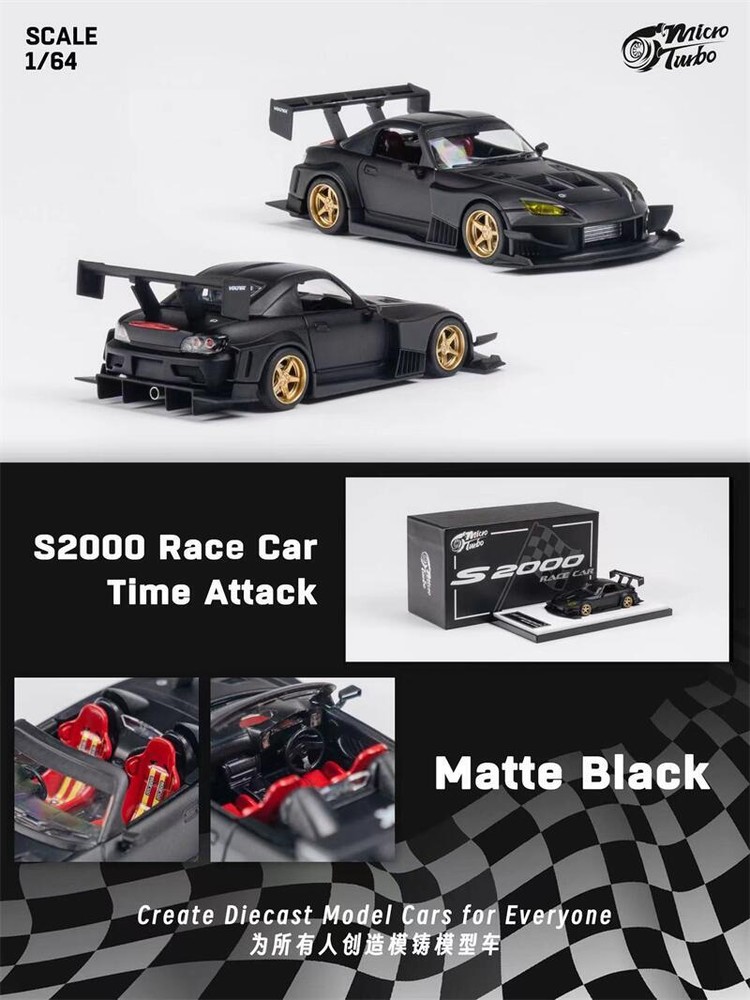Micro Turbo 1:64 S2000 JS Race Car Matte black Diecast Model Car