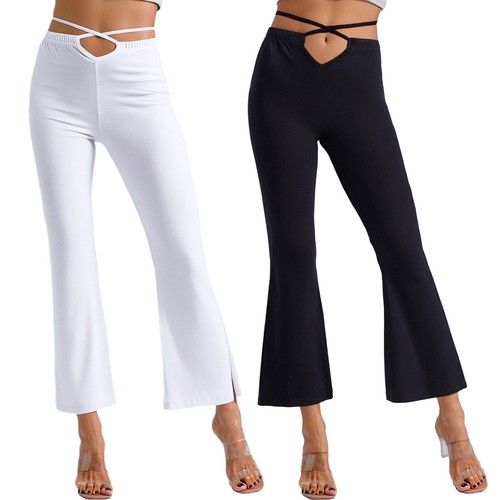 Women Belly Dance Pants Elastic Waist Criss-Cross Straps High Side Slit Flared - Picture 3 of 41