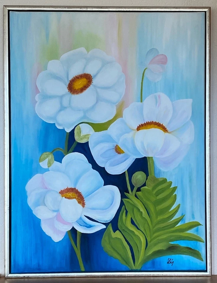 Ölbild "WEISSER MOHN" Bild Zeichnung Gemälde Original Dekoration Keilrahmen - Bild 2 von 2