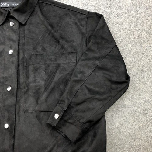 Zara Overshirt Jacket Womens Large Black Suede Western Button Up Shacket Pocket - Picture 3 of 8