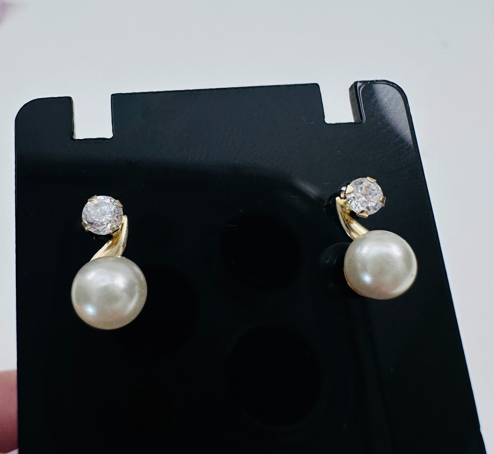 Solid 14K Yellow Gold Faux Pearl w/Cubic Zirconia Drop Bar Earrings, .8g