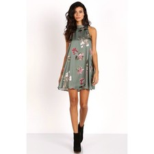 Show Me Your MUMU Laura Olive Green Floral Pink Satin Sleeveless Mini Dress XS