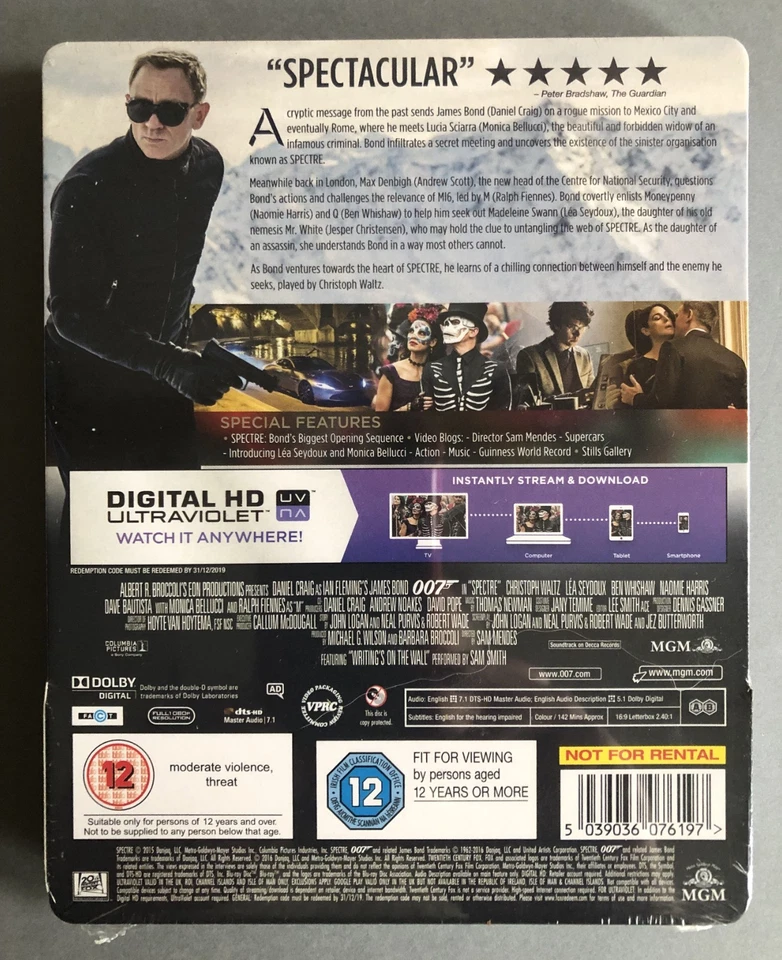 JAMES BOND 007 : SPECTRE - UK EXCLUSIVE BLU RAY STEELBOOK - NEW & SEALED - Image 2 of 2