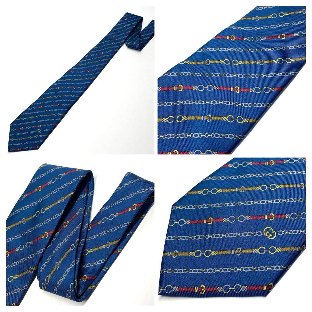 Gucci Necktie Tie 100% Silk Blue Chain Striped Pattern 3.5 inches From Japan thumbnail 8