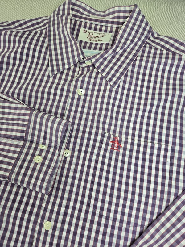 Penguin by Munsingwear Large Purple Plaid Long Sleeve Button Down Shirt Preppy