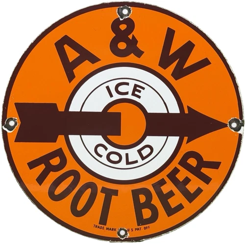 VINTAGE A & W ICE COLE ROOT BEER PORCELAIN SIGN GAS STATION COLA DEW PEPSI FLOAT