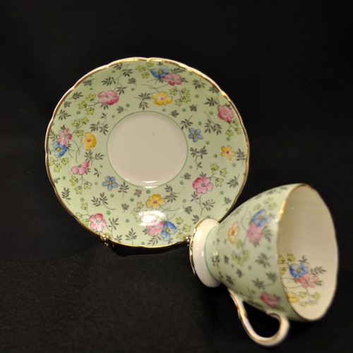 E. Brain Foley Cup & Saucer Hand Painted Florals Green & Gold 1948-1963 England - Picture 11 of 24