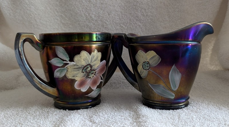 Northwood Decorated Blue Carnival Apple Blossom Creamer and Spooner    1910-30c