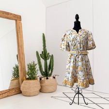 Joie Women's 10 Short Puff Sleeve Floral Belted Cotton Blend Dress Yellow White