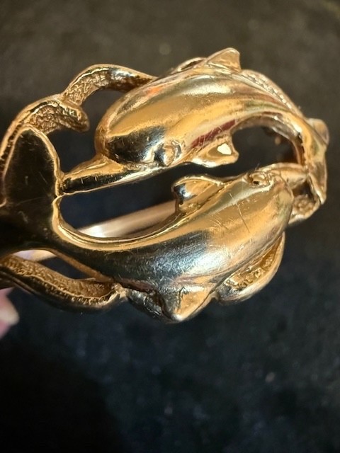 14K Solid Yellow Gold Double Dolphin Bangle Brace… - image 2