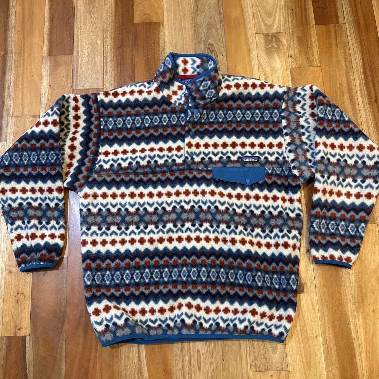 Patagonia Synchilla Fleece Aztec Snap-T Pullover Men Large Cliff Underwater Blue