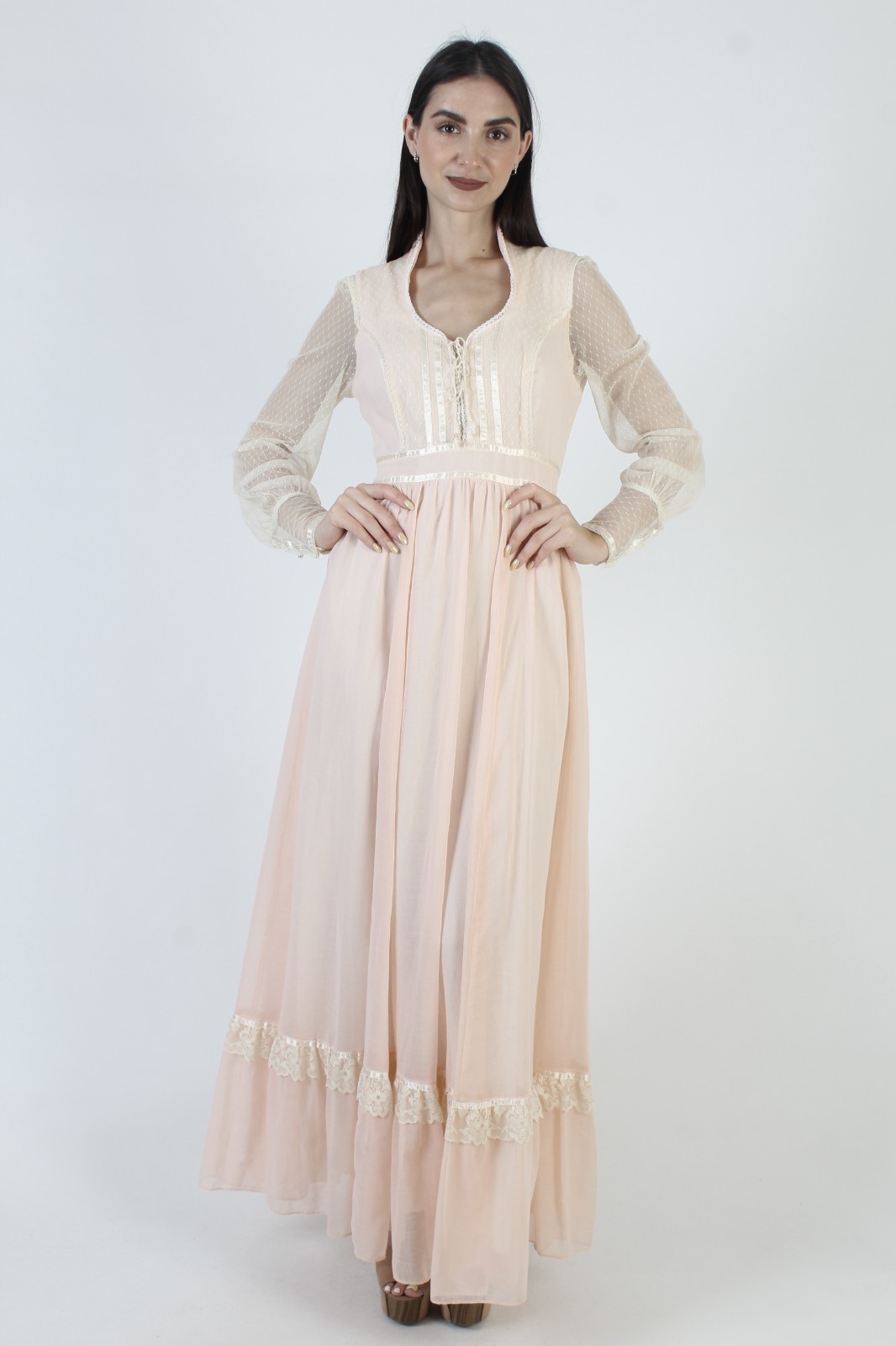 Vintage 70s Peach Gunne Sax Dress Lace Up Corset Prairie Wedding Gown Sz 11