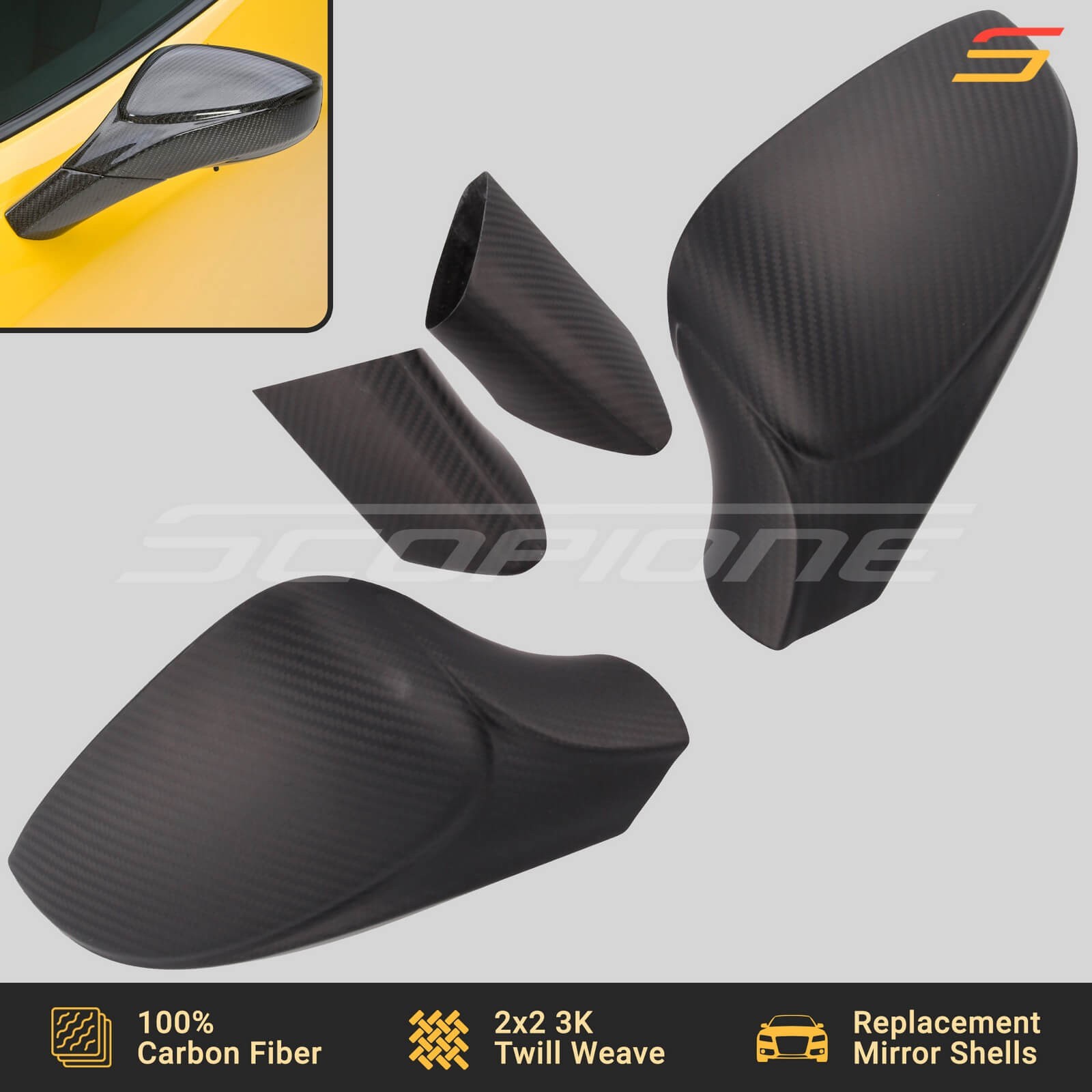 Scopione MATTE Carbon Side Mirrors Shells Covers & Bases for Ferrari 458 Italia