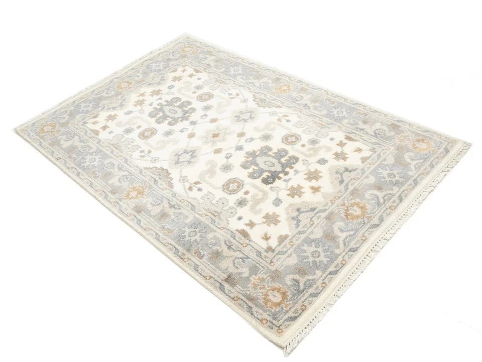 4X6 Hand-Knotted Cream Oushak Chobi Oriental Rug Floral Carpet Home Décor - Image 3 of 4